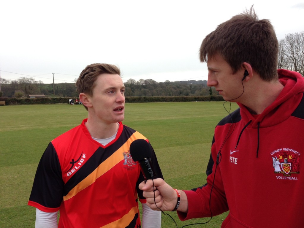 Xpress commentator Pete Robertson chatting to Cardiff Captain Tom Williams pre-game.
