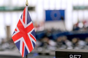 A UK flag at the European Parliament, where the UK floats towards a no-deal Brexit.