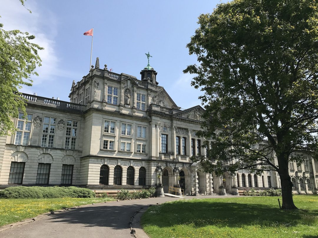 Cardiff University main building viewed from Museum Avenue.