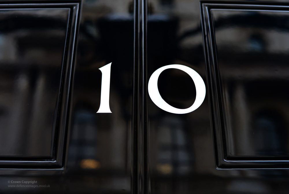 Close-up of the door to Number 10 Downing Street.