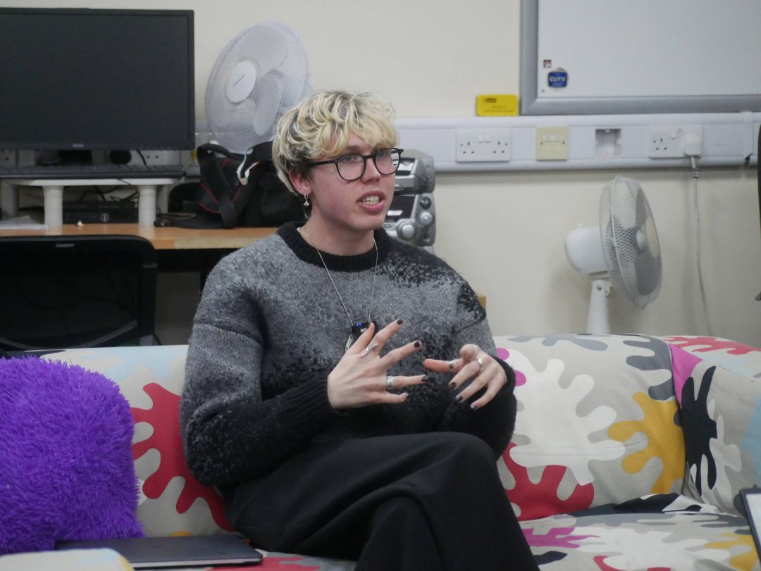 Joshua Tandy is interviewed by a member of Gair Rhydd.