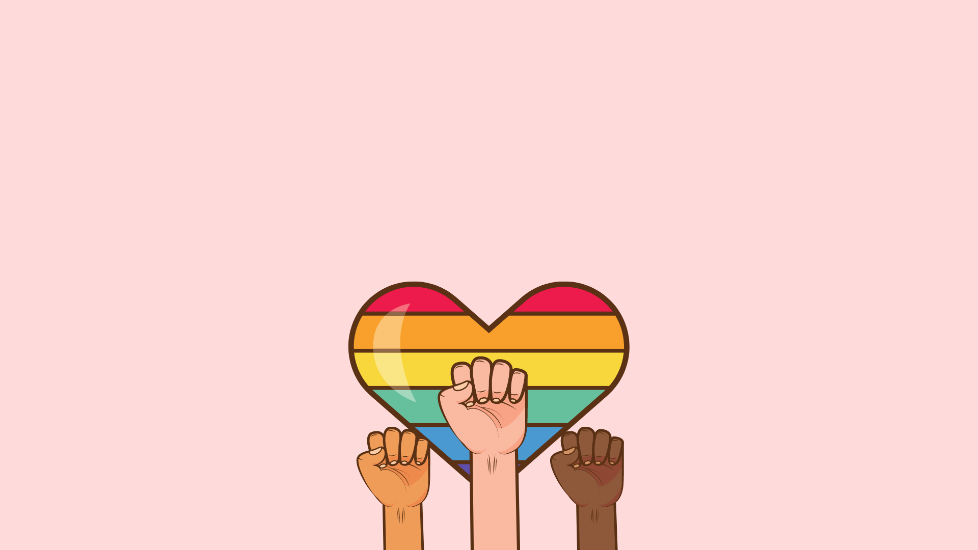 A heart decorated with rainbow stripes is surrounded by three fists in the air all with different skin tones. This is on a pale pink background.