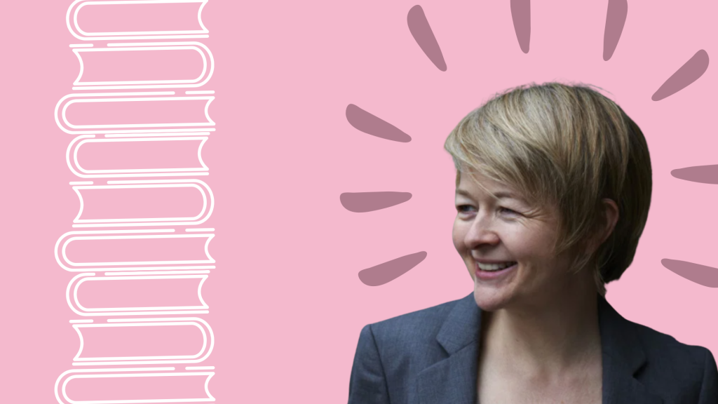 Portrait of Sarah Waters beside a illustration of a stack of books on a light pink background
