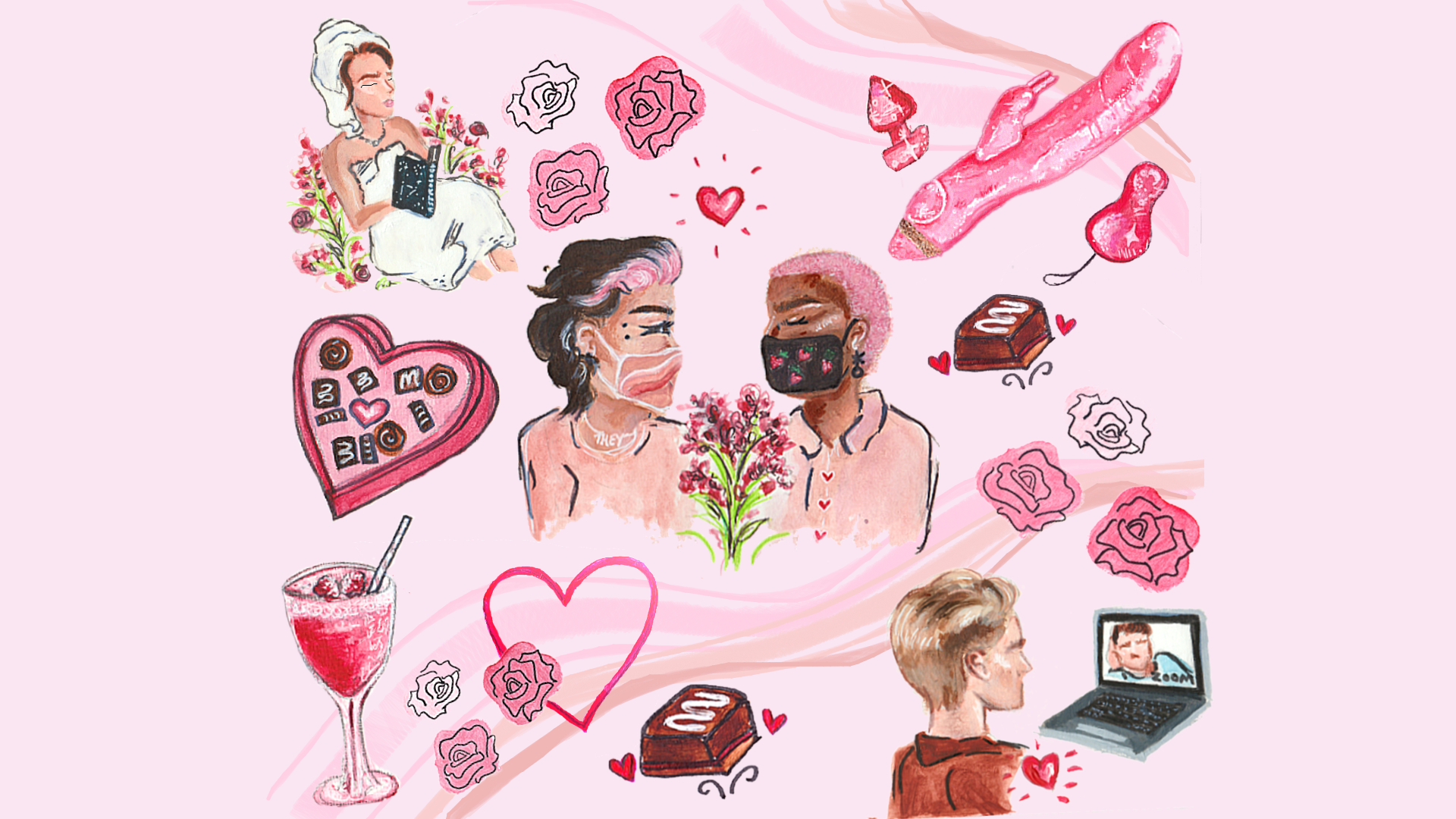 A couple wearing masks are in tehe centre of the pages with flowers between them. They are surrounded by images of a girl in a bathrobe reading, a pink dildo, a heart shaped box of chocolates, roses, a cocktail and a gay couple on a video call