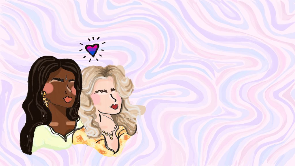 A wlw couple are set against a background of wavey lines in pink, purple, and blue