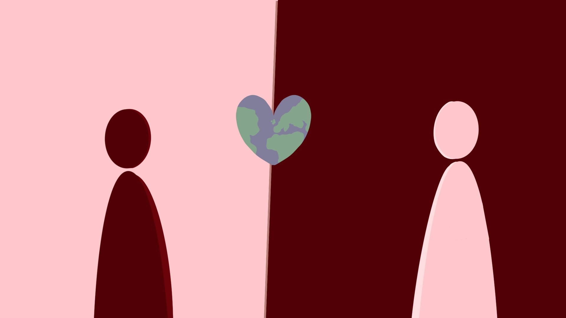 Two cartoon silohuettes one pink and one dark red against backgrounds in the opposing colour with a small heart in between them with the pattern of the Earth on it.