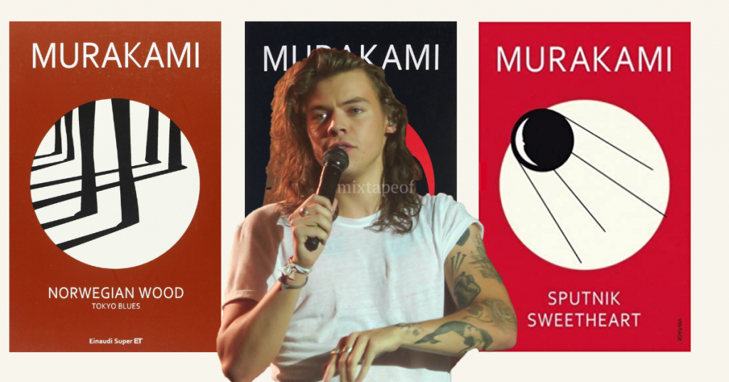 Collage of Harry Styles with Haruki Murakami books as the background.