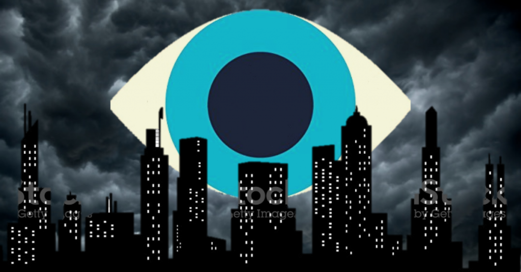 Collage of a skyline with the '1984' eye in the background.