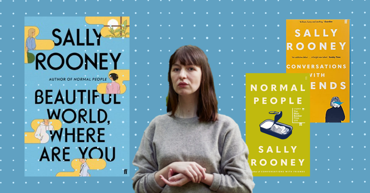 Collage of Sally Rooney next to the books she's written.