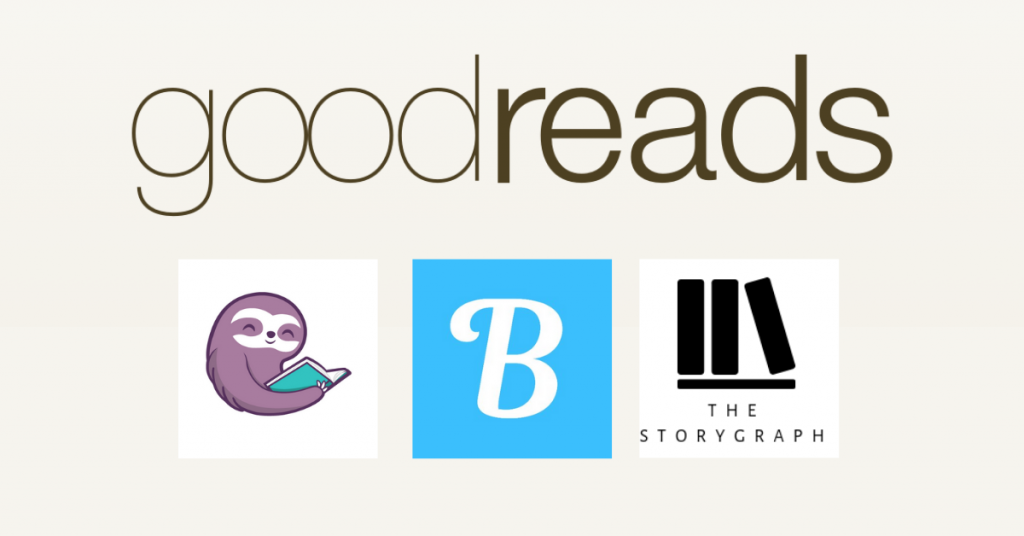 A collage of the Goodreads, Storygraph, booksloth and Bookly logos.