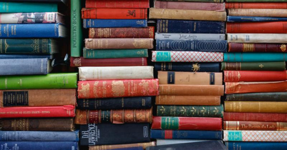 Picture of piles of books.