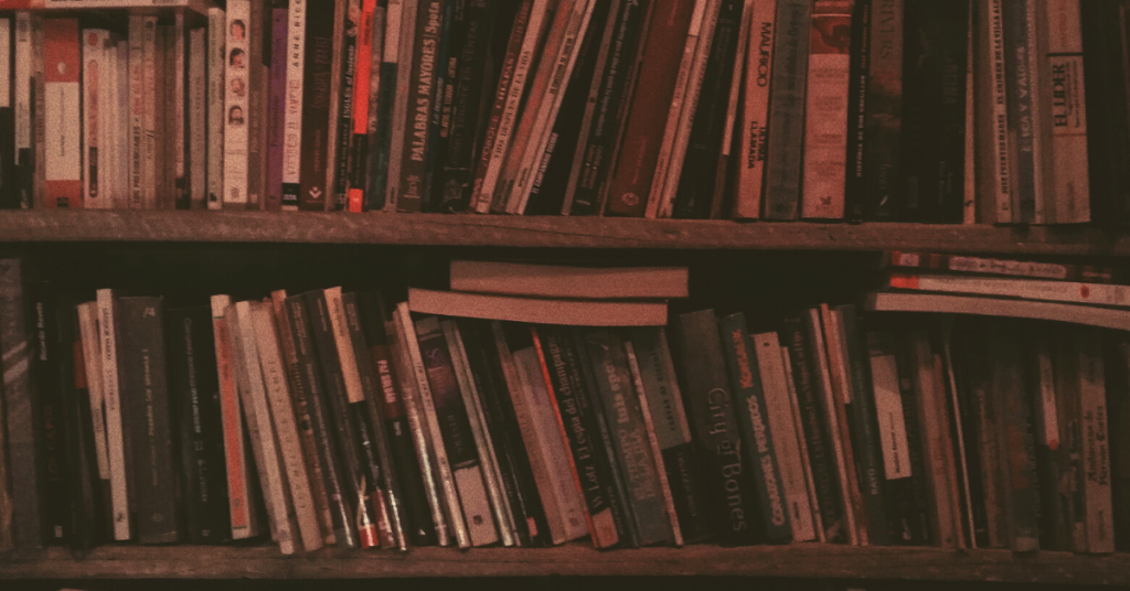 A tinted picture of bookshelves.