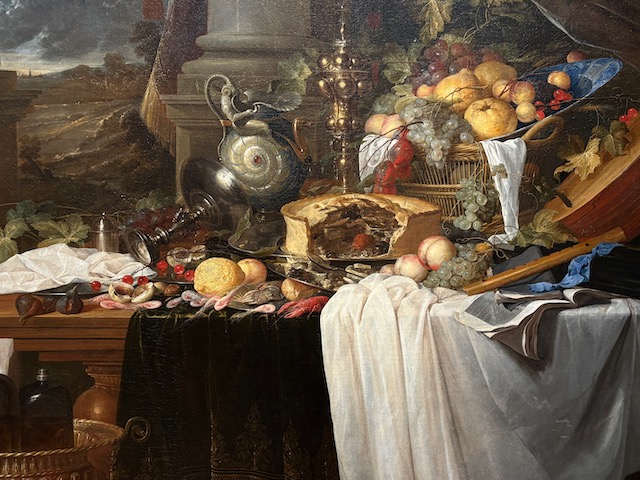 Painting by Jan Davidsz de Heem, A banquet still life, 1643. Features dishes of excess.